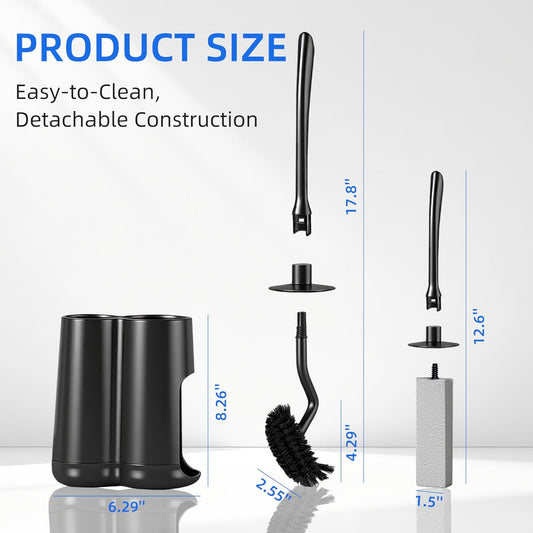 Toilet Brush and Holder Set with Pumice Stone – Long Handle Toilet Bowl Brush, Anti-Splash Scrubber, Ventilated Drip-Free Base, Deep Cleaner for Hard Water Stains, Limescale, Toilet Rings, Grey