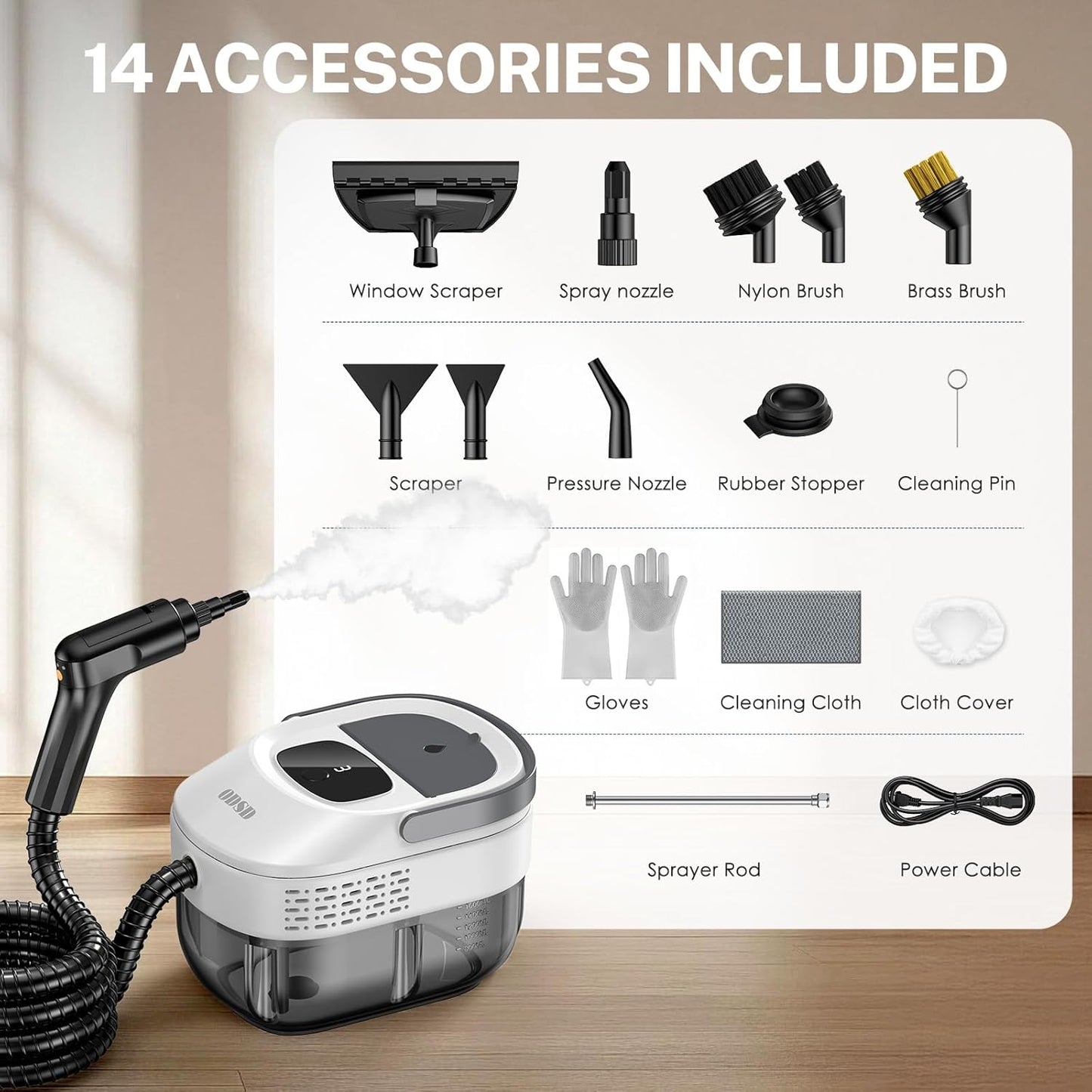 ODSD Steam Cleaner for Home & Car, 3-Level Adjustable Steamer for Cleaning, 15s Heat-Up & 1.6L Large Tank, Handheld Steam Cleaner for Car Detailing, Home, Tile, Grout, Furniture with 15pcs Accessories