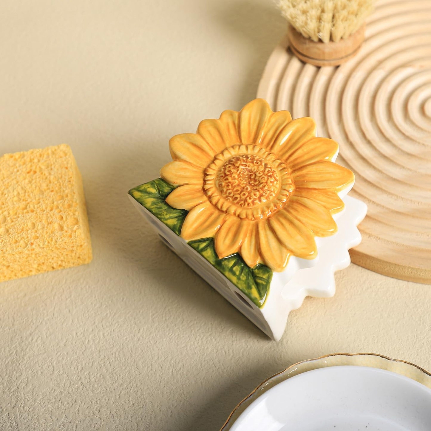 Ceramic Sunflower Sponge Holder for Kitchen Sink, Compact Sink Caddy Organizer, Flower Scouring Pad and Dish Sponge Holder