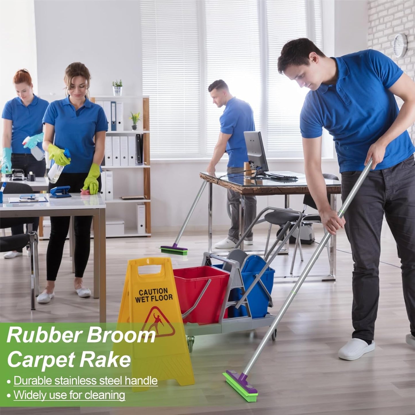 Rubber Broom Pet Hair Remover, Silicone Squeegee Brooms for Floor, Tile, Windows, Carpet Cleaning, 4-Section Pole up to 58 inches