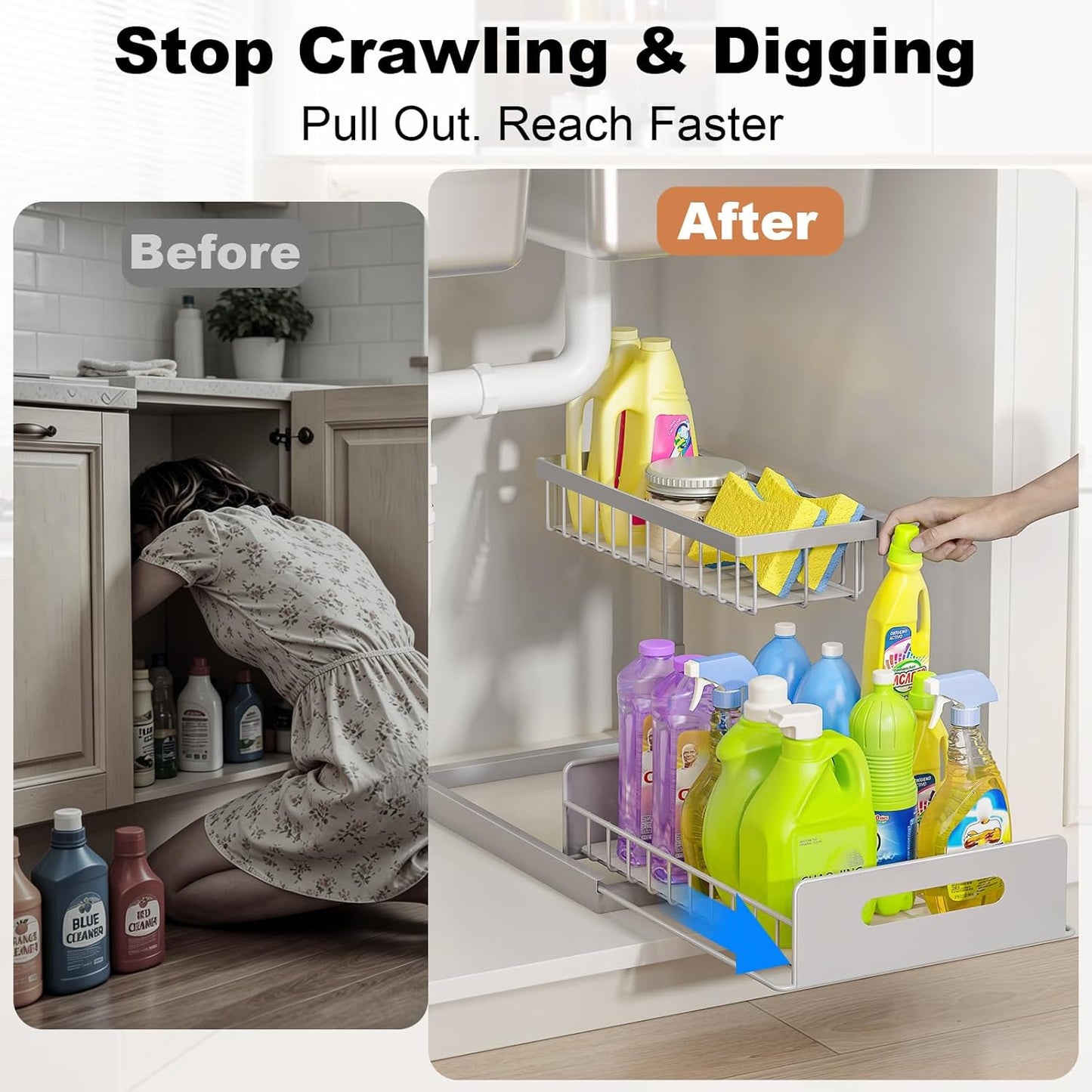 REALINN Under Sink Organizer, L-Shaped 2 Tier Pull Out Cabinet Organizer for Kitchen and Bathroom, Slide Out Under Cabinet Storage, Metal Under Sink Storage with Sliding Drawer, 50 lbs, Black 2 Pack