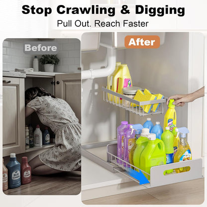 REALINN Under Sink Organizer, L-Shaped 2 Tier Pull Out Cabinet Organizer for Kitchen and Bathroom, Slide Out Under Cabinet Storage, Metal Under Sink Storage with Sliding Drawer, 50 lbs, Black 2 Pack