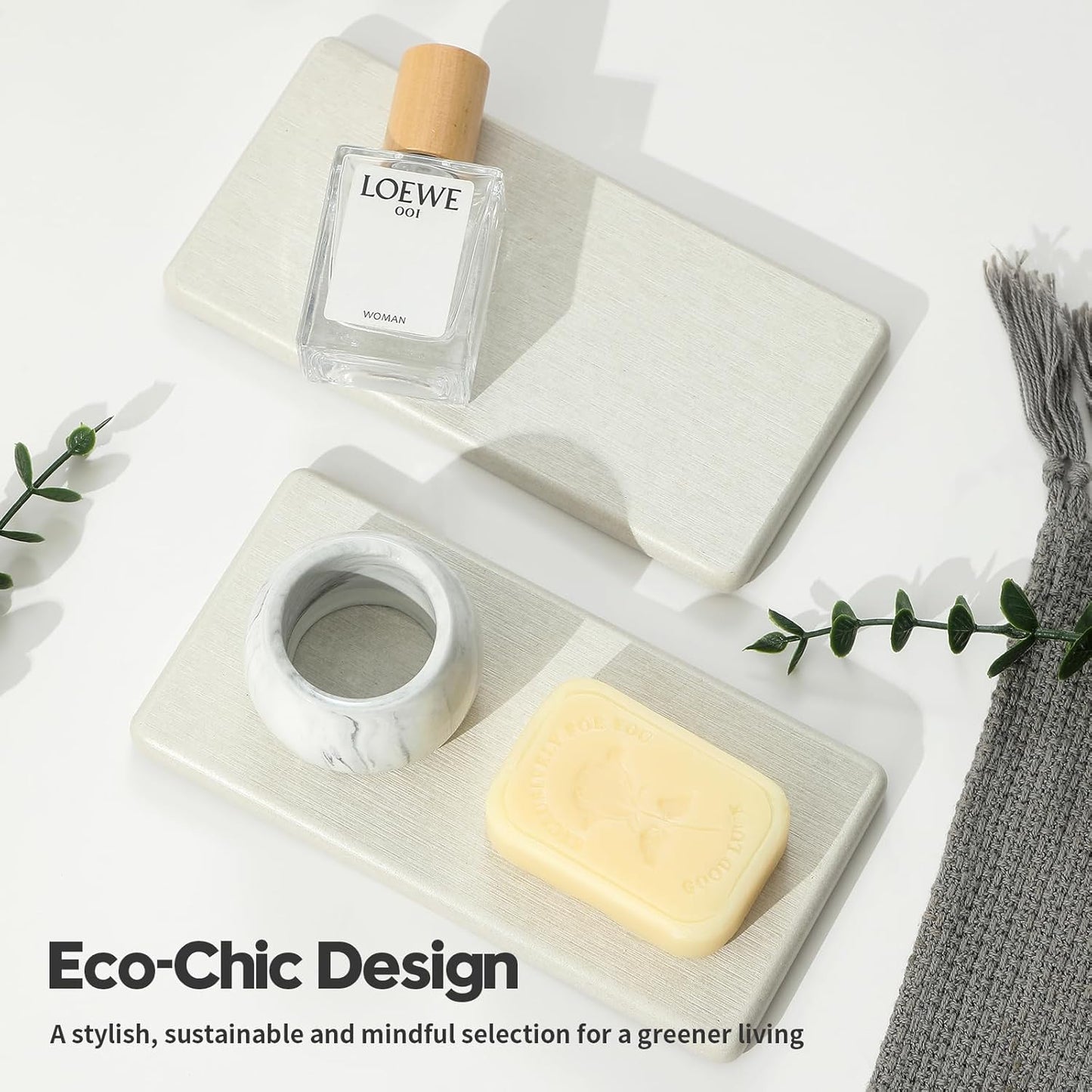 2PCS Water Absorbing Stone Drying Tray for Kitchen Counter & Bathroom Sink, Diatomite Faucet Splash Guard, Soap Dispenser Rack & Sponge Holder Caddy Organizer, Marble White (Printed Pattern), 9"x 3.5"