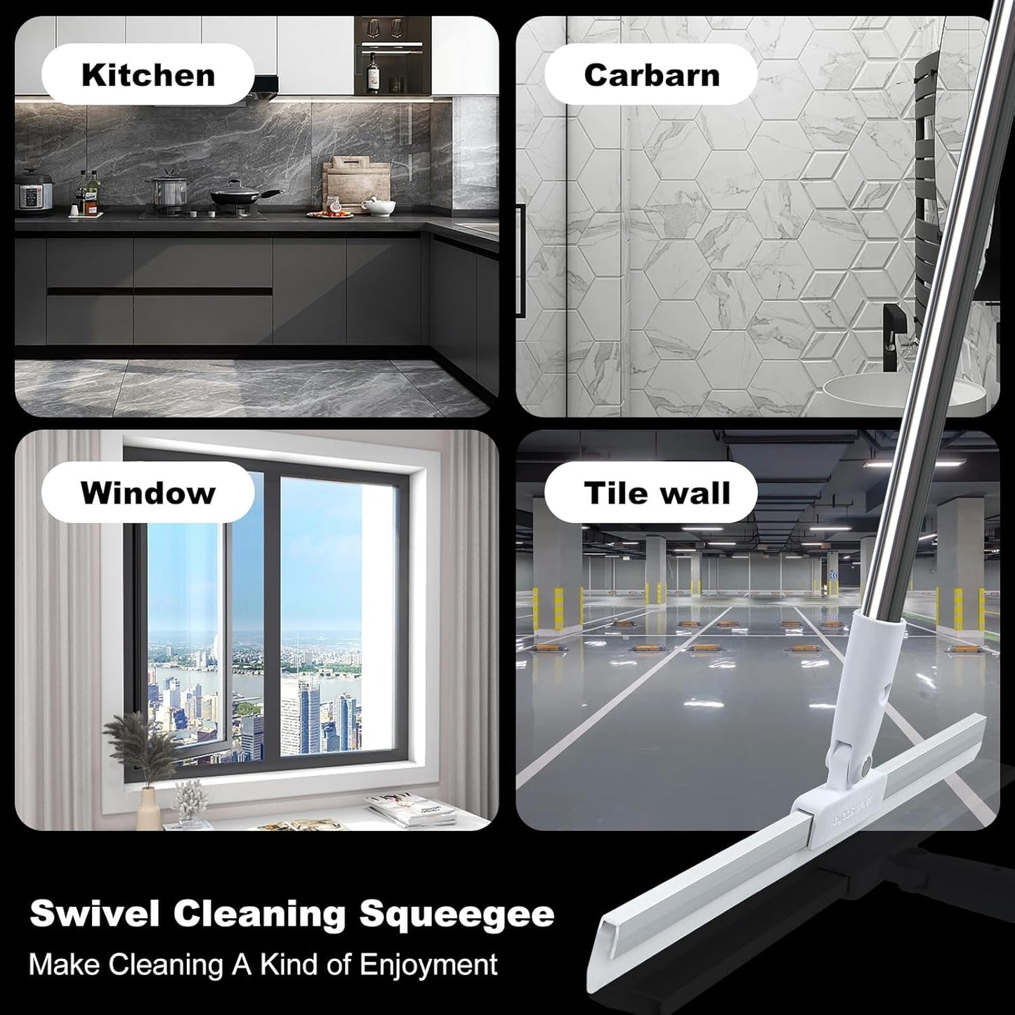 JOYBOS Rubber Floor Squeegee for Smooth Surface Concrete Floor, Tile Floor, Heavy Duty Garage Shower Floor Squeegee Broom for Removing Water, Commercial Scrubber Mop with Adjustable Long Handle (XL)