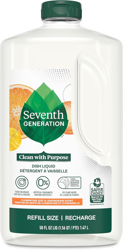 Seventh Generation Dish Liquid Soap Clementine Zest Lemongrass Refill Dishwashing Soap Biodegradable liquid soap 50 Fl oz