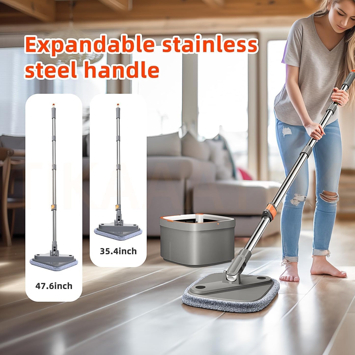 Upgraded Spin Mop and Bucket System Set, Self Separate Clean and Dirty Water, Foldable Square Standing Mop Head with Microfiber Mop Pads, Detachable Bucket (White+Blue, Mop Set with 6PC Pads)