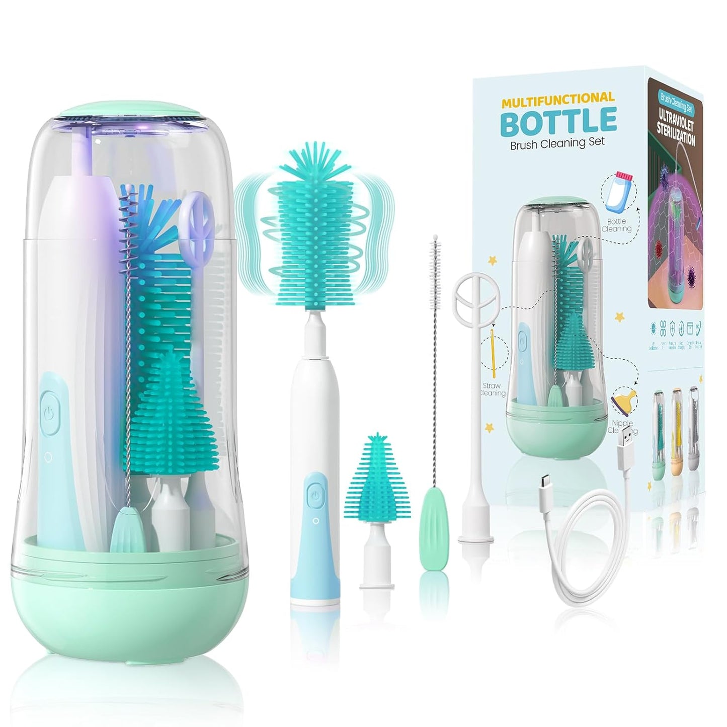 IvyWind Electric Travel Baby Bottle Brush Set with Storage Box, Automatic Bottle Cleaner Brush Kit with Silicone Bottle/Nipple/Straw Brush, Milk Frother Electric and Drainage Rack, Rechargeable, Gray