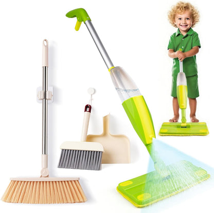 Kids Spray Mop, Fun & Functional Toddler Mop Cleaning Set,Real Working Mini Mop, Pretend Play Toy –Includes Spray Bottle,Washable Microfiber Pads, Montessori Kids Cleaning Toy Set -Green