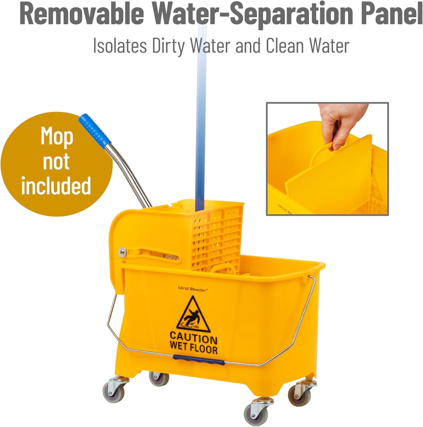Mind Reader Mop and Bucket Set with Wringer, Mop Included, 5.5 Gallon Cleaning System with Wheels, Upward Press Wringer, Small Mop Compatible