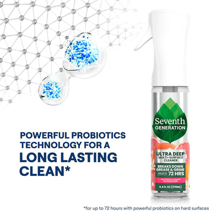Seventh Generation Ultra Deep Probiotic Multi Surface Cleaner, 9.4 Fl Oz, Fresh Breeze, 80% USDA Biobased All Purpose Cleaning Spray, Breaks Down Tough Grease & Grime, Safe for Kids & Pets