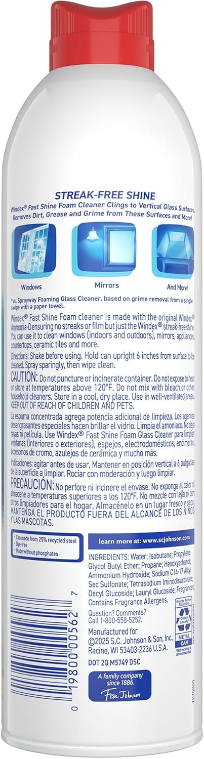 Windex Fast Shine Foam Glass Cleaner Supplies, No-Drip Window & Mirror Aerosol Spray, Streak-Free, Removes Fingerprints, Dust, Dirt & Smoke Film, Grapefruit Scent, 19 oz