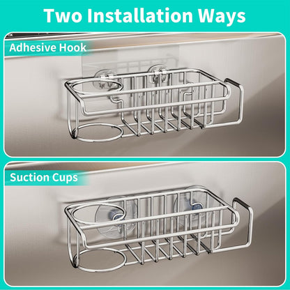 HapiRm 4 in 1 Kitchen Organizers and Storage, SUS304 Stainless Steel Brush Holder + Dish Cloth Hanger + Soap Rack + Sink Stopper Rack, No Drill Kitchen Essentials - Black