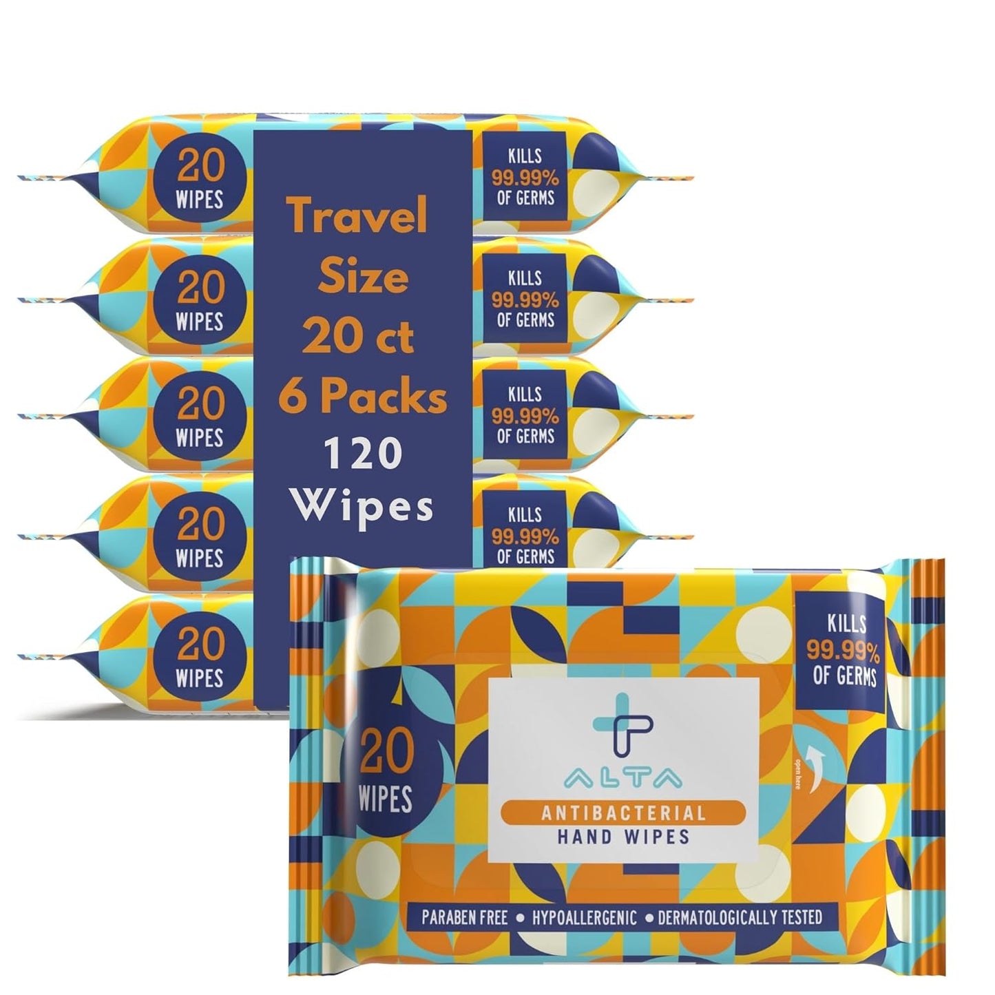 ALTA + Alcohol Free Hand Sanitizing Wipes, Travel Size, 20 Wipes, 6 Packs, Total 120 Pieces