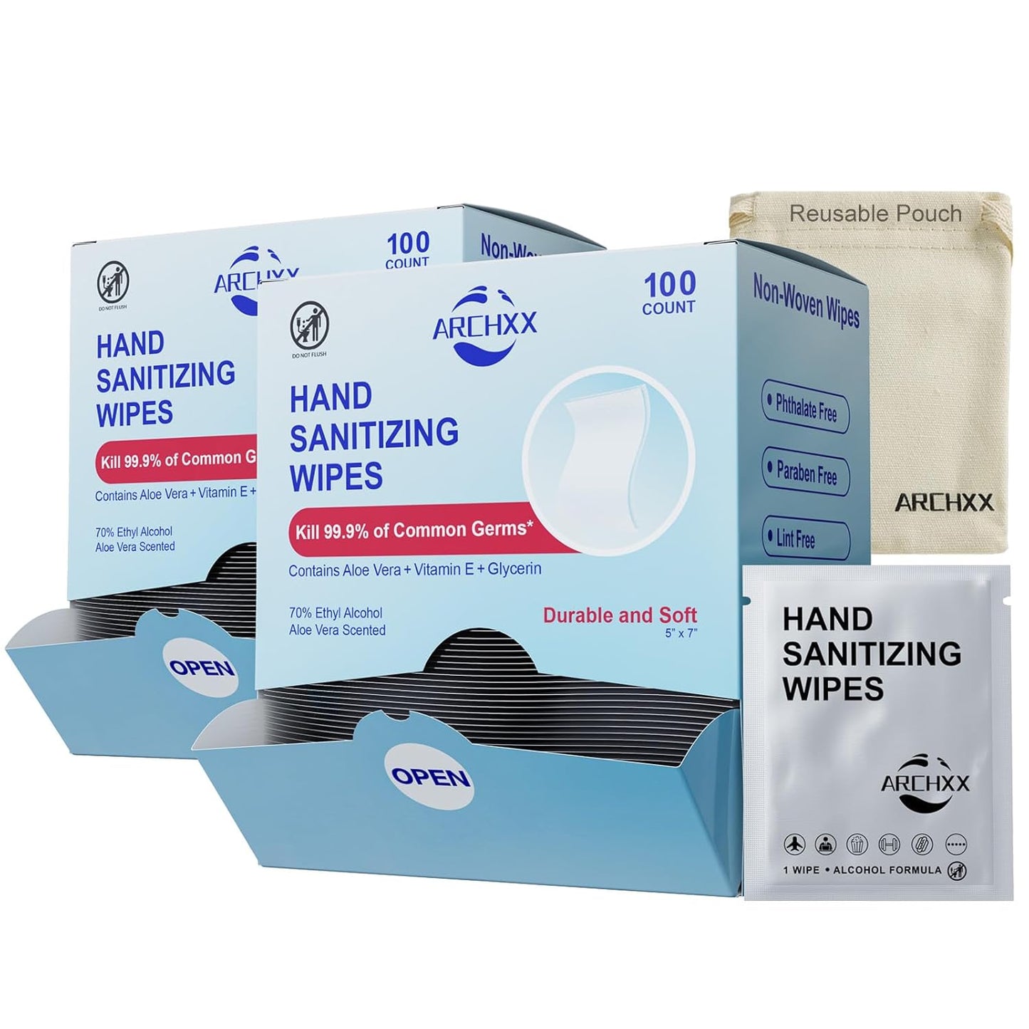 ARCHXX Cotton-Like Softness Hand Sanitizer Wipes, 100 Count, Antibacterial Hand Wipes Individually Wrapped, 70% Alcohol, Travel Size, Sanitizing for Home, Office & Outdoor, Aloe Vera Scent