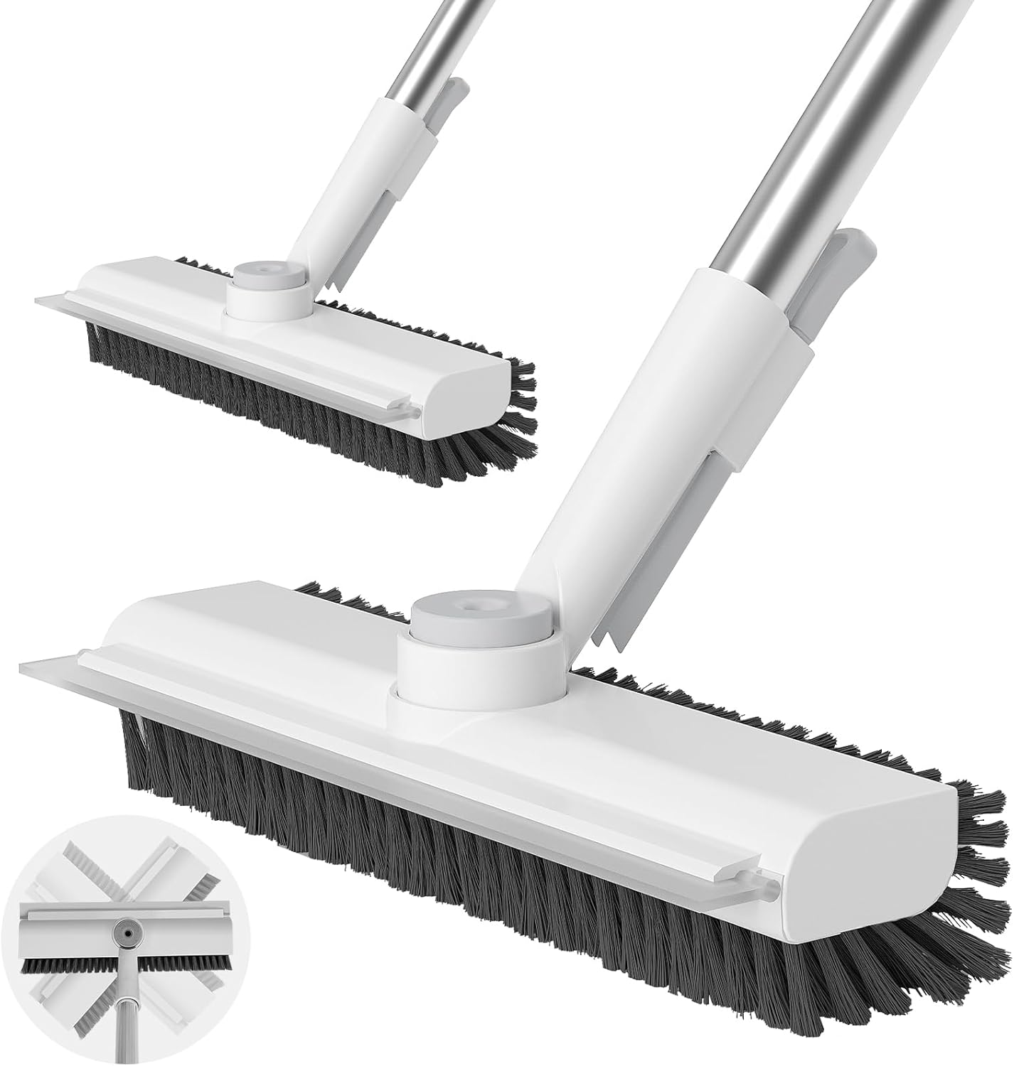 Floor Scrub Brush with Long Handle, 3 in 1 Scrape and Heavy-Duty Stiff Bristle Scrubber Brush for Cleaning Shower Bathroom, Patio, Pool, Garage, Kitchen, Wall and Deck (White, 1 Pack)