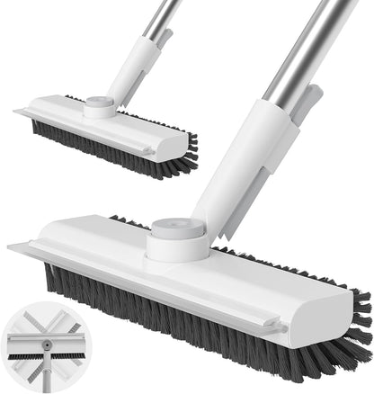 Floor Scrub Brush with Long Handle, 3 in 1 Scrape and Heavy-Duty Stiff Bristle Scrubber Brush for Cleaning Shower Bathroom, Patio, Pool, Garage, Kitchen, Wall and Deck (White, 1 Pack)