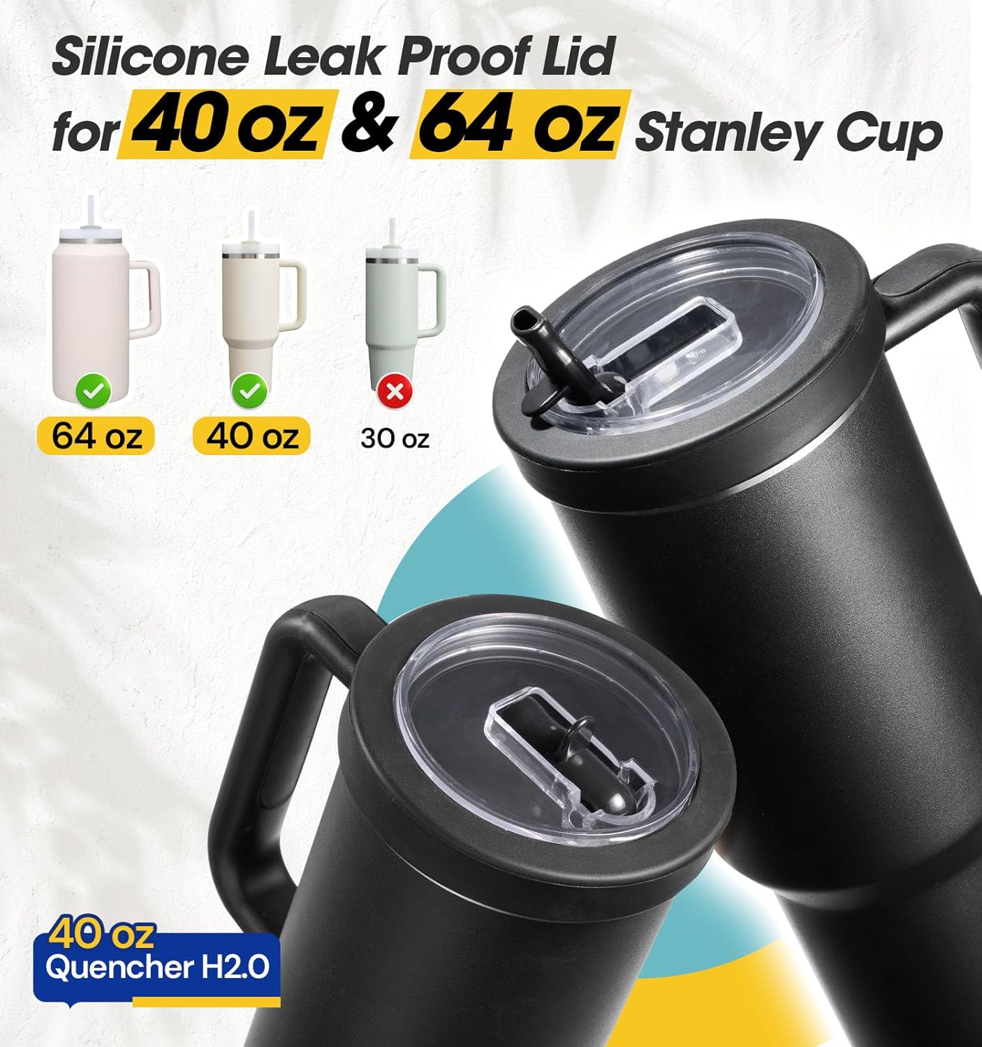40 Oz Tumbler Flip Straw Lid Compatible with Stanley Quencher Cup, Anti Spill Replacement Cup Covers, Durable Silicone Leak Proof Lids with Cleaning Brush Set for Travel Storage
