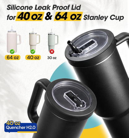 40 Oz Tumbler Flip Straw Lid Compatible with Stanley Quencher Cup, Anti Spill Replacement Cup Covers, Durable Silicone Leak Proof Lids with Cleaning Brush Set for Travel Storage