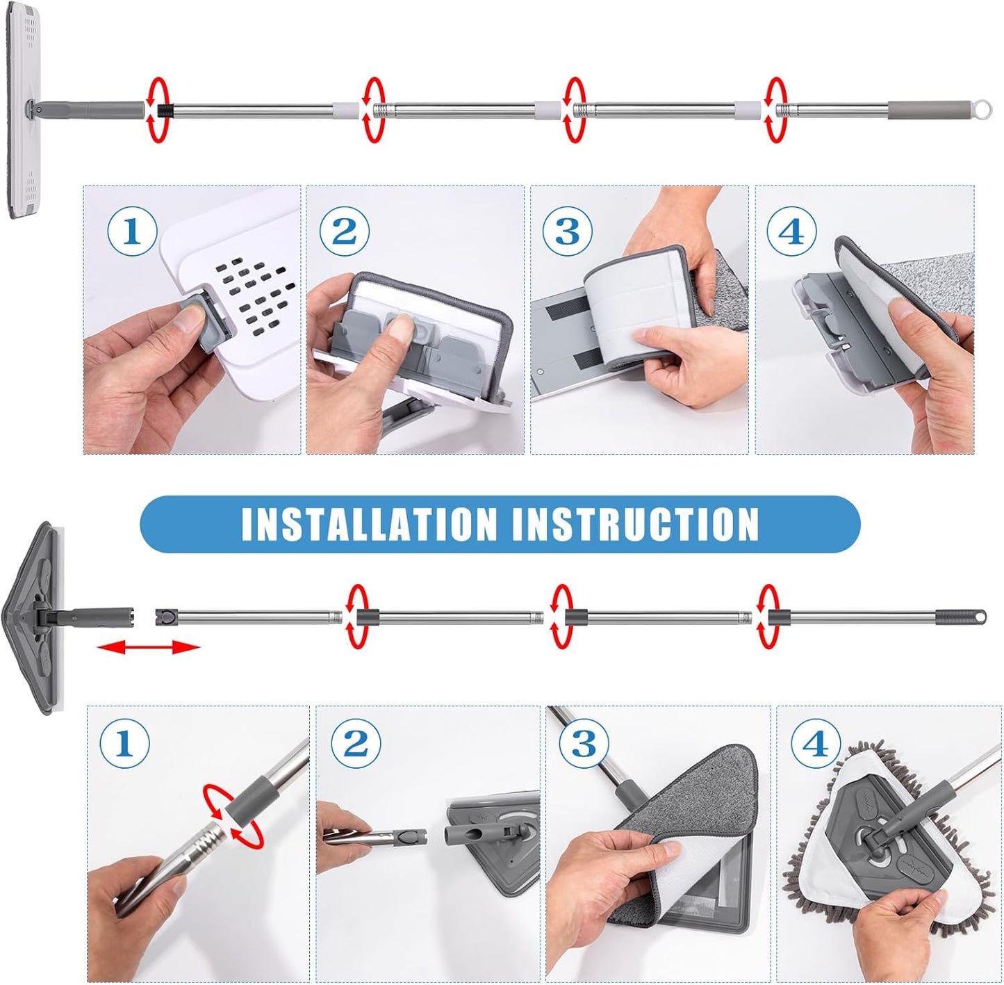 Mops for Floor Cleaning with 57" Long Handle, Scrub Brush, Wall Cleaner Mop with 84'' Long Handle, 2 Reusable Pads, Wet and Dust Mopping for Hardwood, Laminate, Tile Floor, Wall, Ceiling, 19Pcs Gray