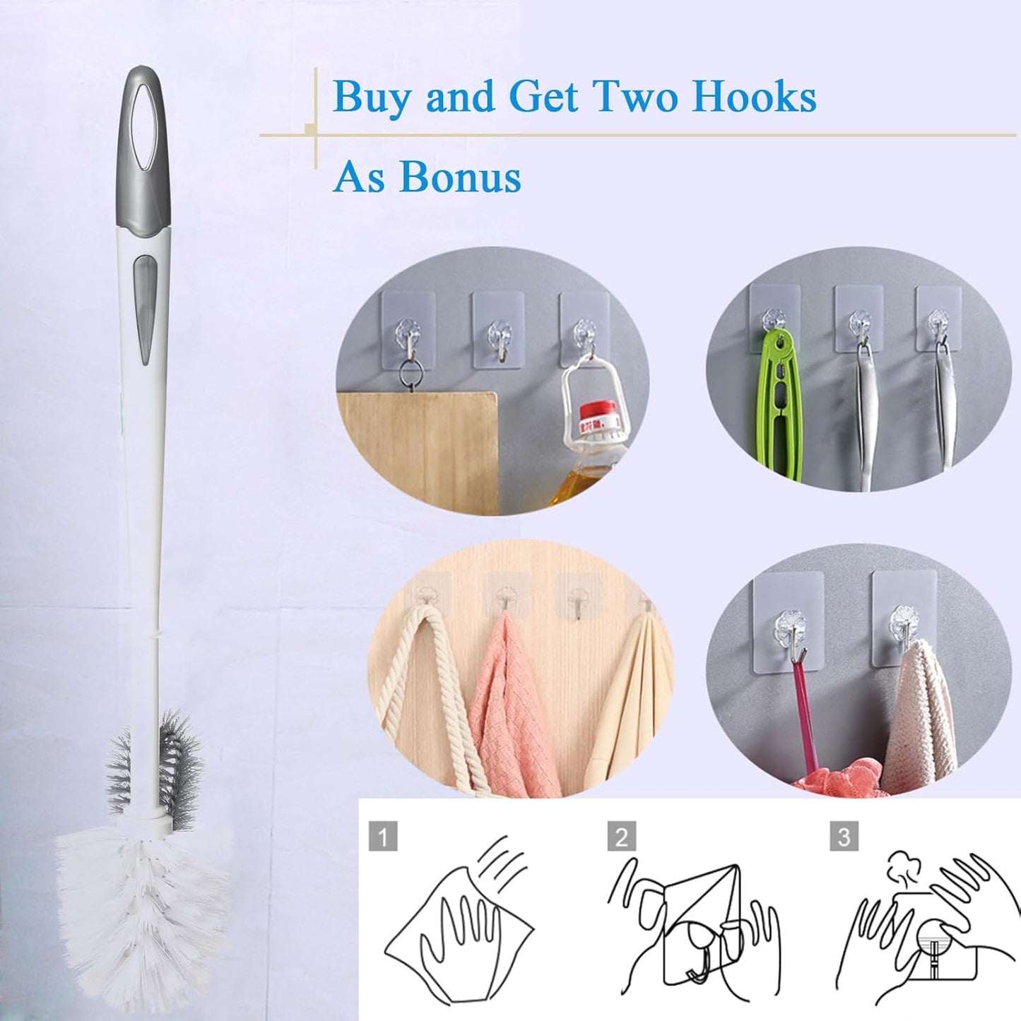 2 Pack Toilet Bowl Brush with Holder for Bathroom, Under-Rim Double Brush Head, Long Handle Household Cleaning Brushes Set (2 Pack Grey Brush with Holder)