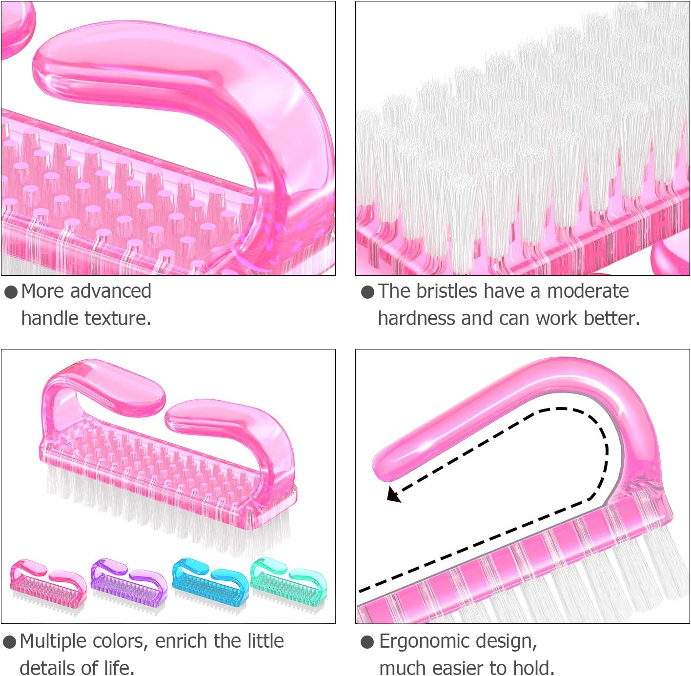 Larbois Handle Grip Nail Brush, Nail Brushes Hand Fingernail Brush Cleaner Scrubbing Kit Pedicure for Toes and Nails Men Women (4 Pack)