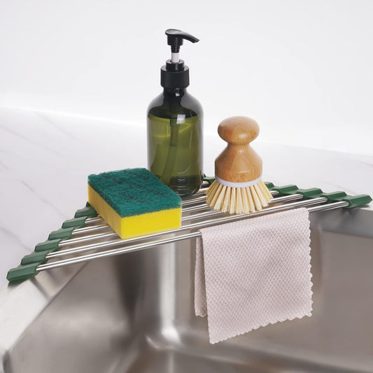 Tomorotec Triangle Roll-Up Dish Drying Rack for Sink Corner Small Foldable Stainless Steel Over The Sink Multipurpose Kitchen Drainer Caddy Organizer Storage Space Saver Shelf Holder (Gray)