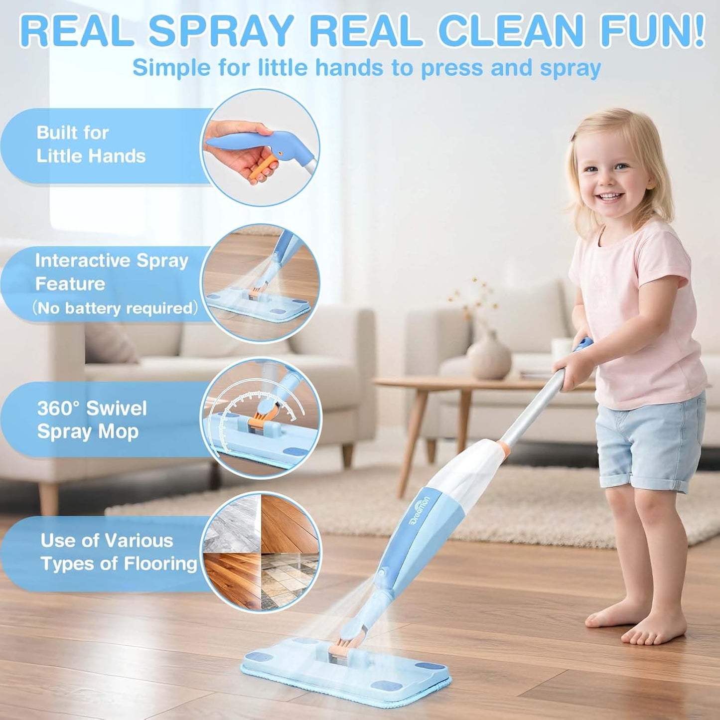 Dreamon Kids Spray Mop - Real Working Toddler Cleaning Set with Water Sprayer & 3 Washable Mop Pads & Scraper, Pretend Play Montessori Housekeeping Toys Gifts for Toddlers Kids Girls Boys(Blue)