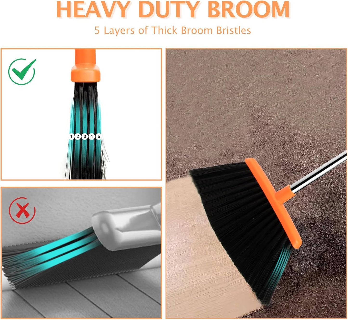 Broom and Dustpan Set, Long Handle Lightweight Dustpans with Broom Combo for Home, Indoor&Outdoor Sweeping for Home Room Kitchen Office Lobby (Charcoal)