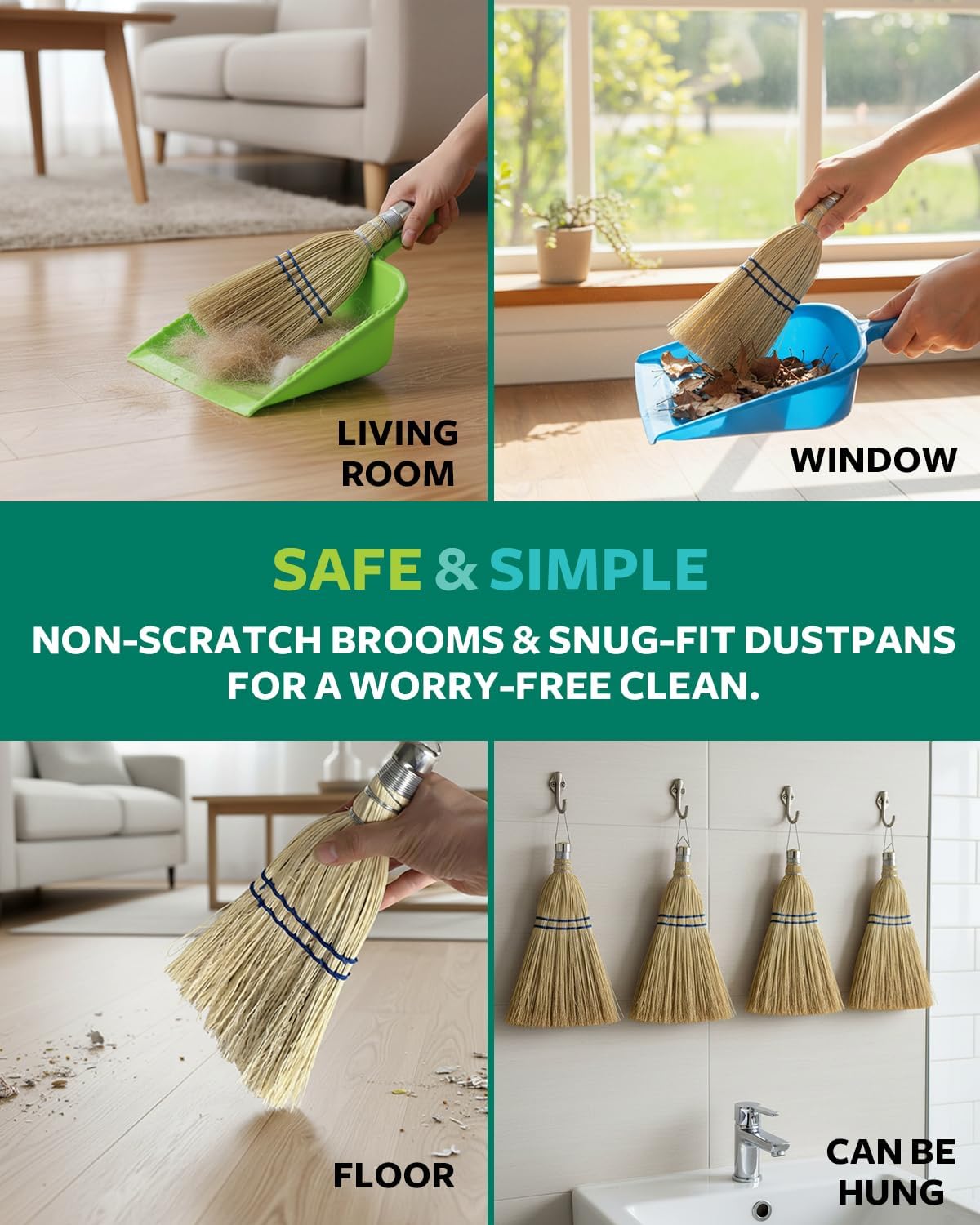 6Pack 12 Inch Handheld Broom Set, Heavy Duty Mini Corn Broom with Metal Hanging Hook, Natural Straw Whisk Broom for Quick Sweeping of Debris, Dust, Dirt in Car, Porch, Outdoor, Camping, Driveway