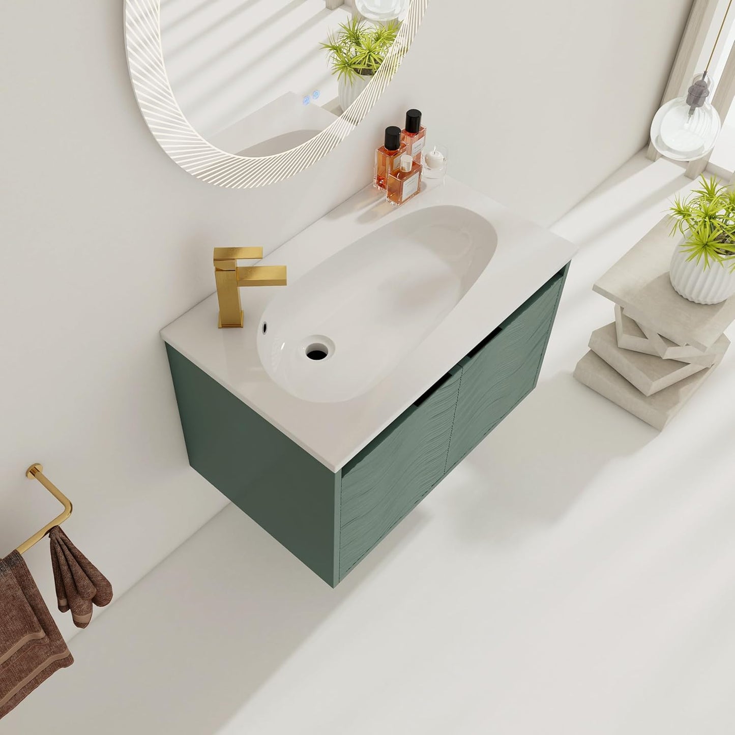 SSLine Modern 24-Inch Bathroom Vanity with Sink Wall Mounted Bathroom Vanity with Top Basin & Storage Cabinet White Wood Floating Vanity w/Ceramic Sink & Gold/Black Handles for Small Space