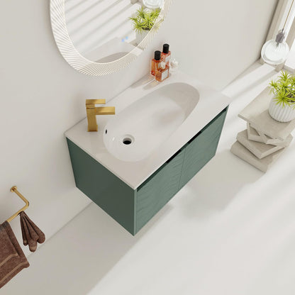 SSLine Modern 24-Inch Bathroom Vanity with Sink Wall Mounted Bathroom Vanity with Top Basin & Storage Cabinet White Wood Floating Vanity w/Ceramic Sink & Gold/Black Handles for Small Space