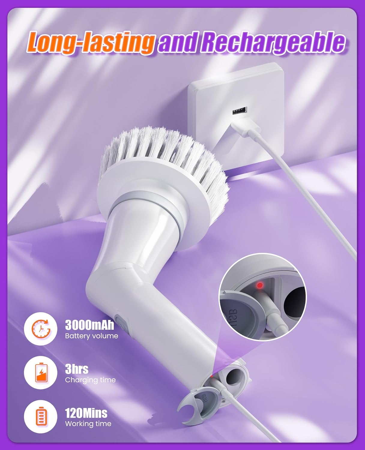 Electric Spin Scrubber, Cordless Cleaning Brush with 7 Replaceable Brush Heads, 2-Speed Adjustable Handle Shower Scrubber, IPX7 Waterproof for Bathroom, Tub, Tile & Floor, Teens, White-qb1...