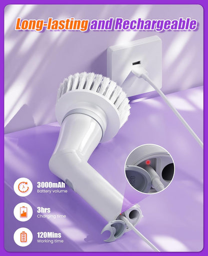 Electric Spin Scrubber, Cordless Cleaning Brush with 7 Replaceable Brush Heads, 2-Speed Adjustable Handle Shower Scrubber, IPX7 Waterproof for Bathroom, Tub, Tile & Floor, Teens, White-qb1...