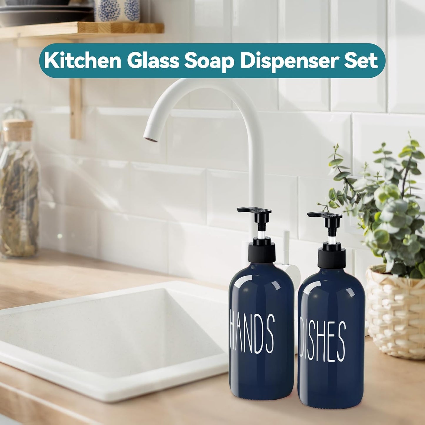 COHOSEGE Glass Soap Dispenser Set 2 Pack,Contains Hand and Dish Soap Dispenser.Premium 16 Oz Black Kitchen Soap Dispenser Set for Kitchen Sink and Farmhouse Decor