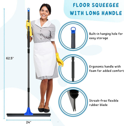 Squeegee Broom for Floor, 18'' Heavy Duty Rubber Wiper with 60'' Long Handle for Bathroom Tile, Garage Concrete, Deck, Shower Glass, Window Cleaning