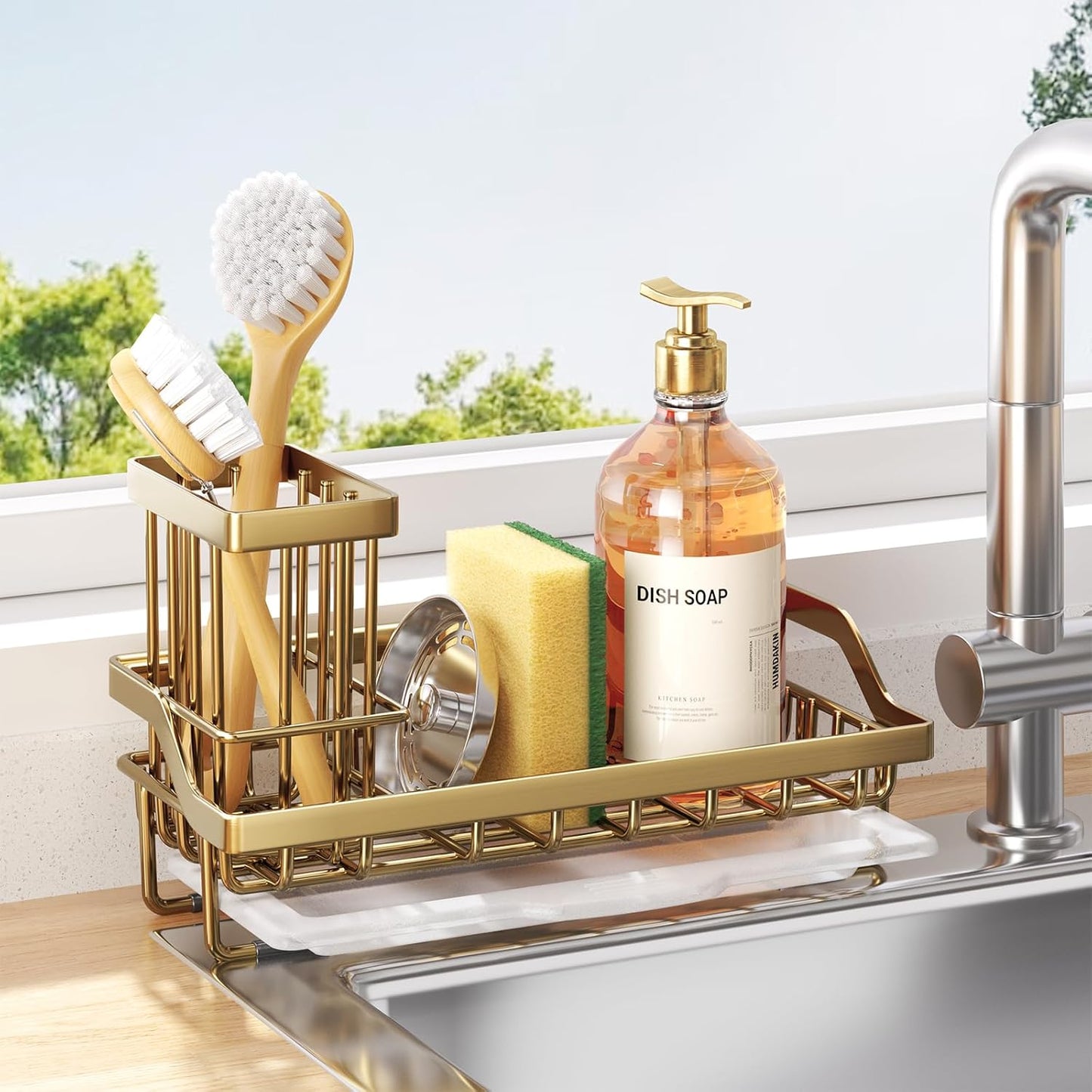 Consumest Sink Caddy, Kitchen Sponge Holder with Dish Brush Holder, Kitchen Organizer with Drip Tray for Countertop, Stainless Steel Rustproof - Silver