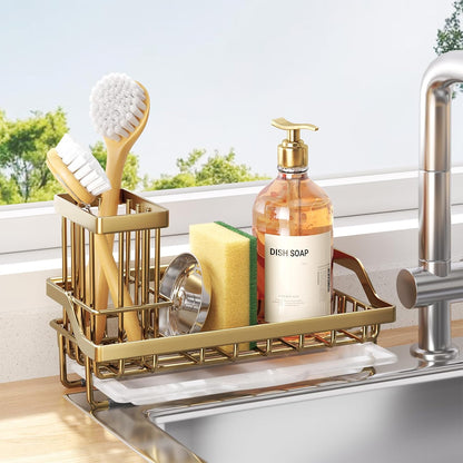 Consumest Sink Caddy, Kitchen Sponge Holder with Dish Brush Holder, Kitchen Organizer with Drip Tray for Countertop, Stainless Steel Rustproof - Silver