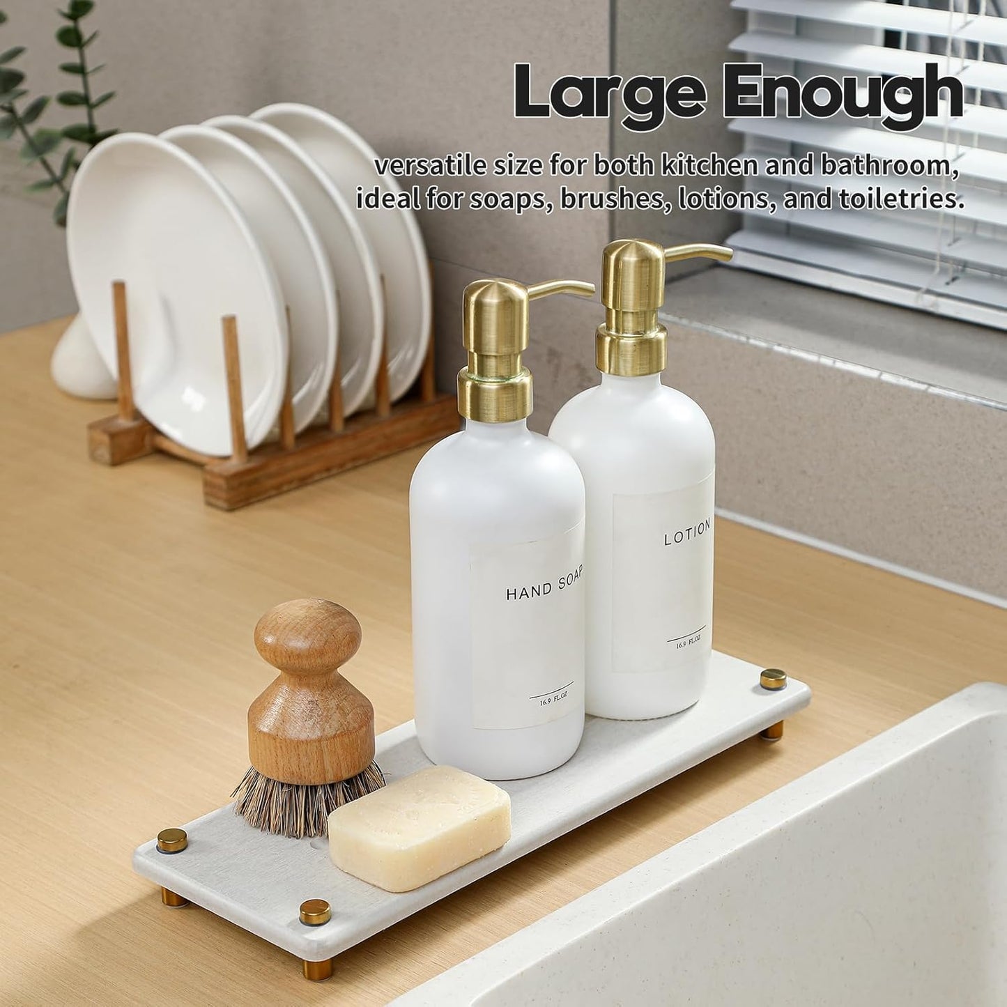 Razborci Water Absorbing Stone Sink Caddy, Diatomite Kitchen Sink Organizer, Bathroom Counter Tray, Faucet Drying Mat Coaster Soap Dish Rack Riser Dispenser Sponge Holder, Silver, White 10" x 4"