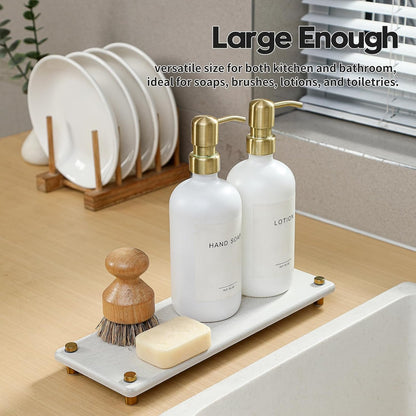 Razborci Water Absorbing Stone Sink Caddy, Diatomite Kitchen Sink Organizer, Bathroom Counter Tray, Faucet Drying Mat Coaster Soap Dish Rack Riser Dispenser Sponge Holder, Silver, White 10" x 4"