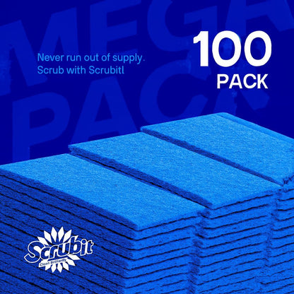 SCRUBIT Scouring Pad 100 Pack - Heavy Duty Scrub Pads for Cleaning Dishes - Non-Scratch Reusable Scrubbing - Blue (100)