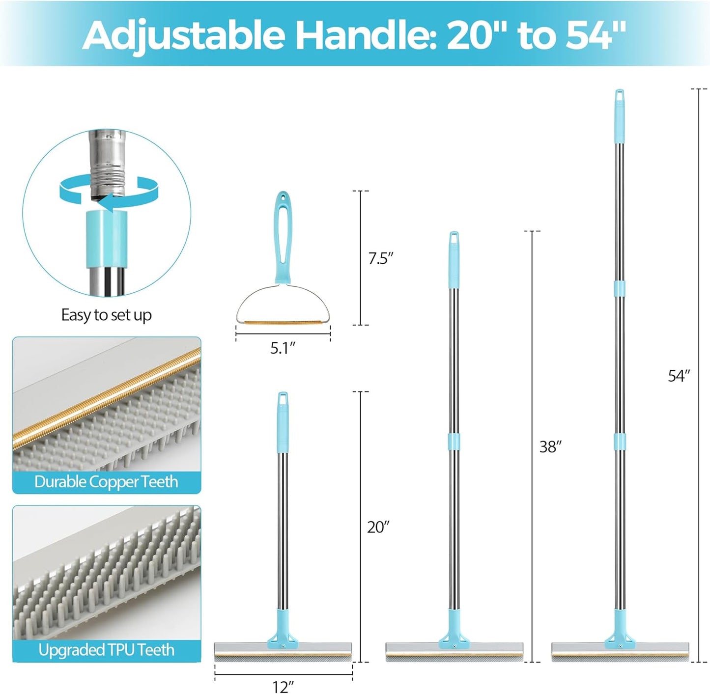 Carpet Rake for Pet Hair Removal, 2026 Upgraded Reusable Pet Hair Remover Broom, 54’’ Adjustable Long Handle Dog & Cat Carpet Rake,2 Pcs Carpet Brush Rake for Rugs, Mats, Couch, Furniture
