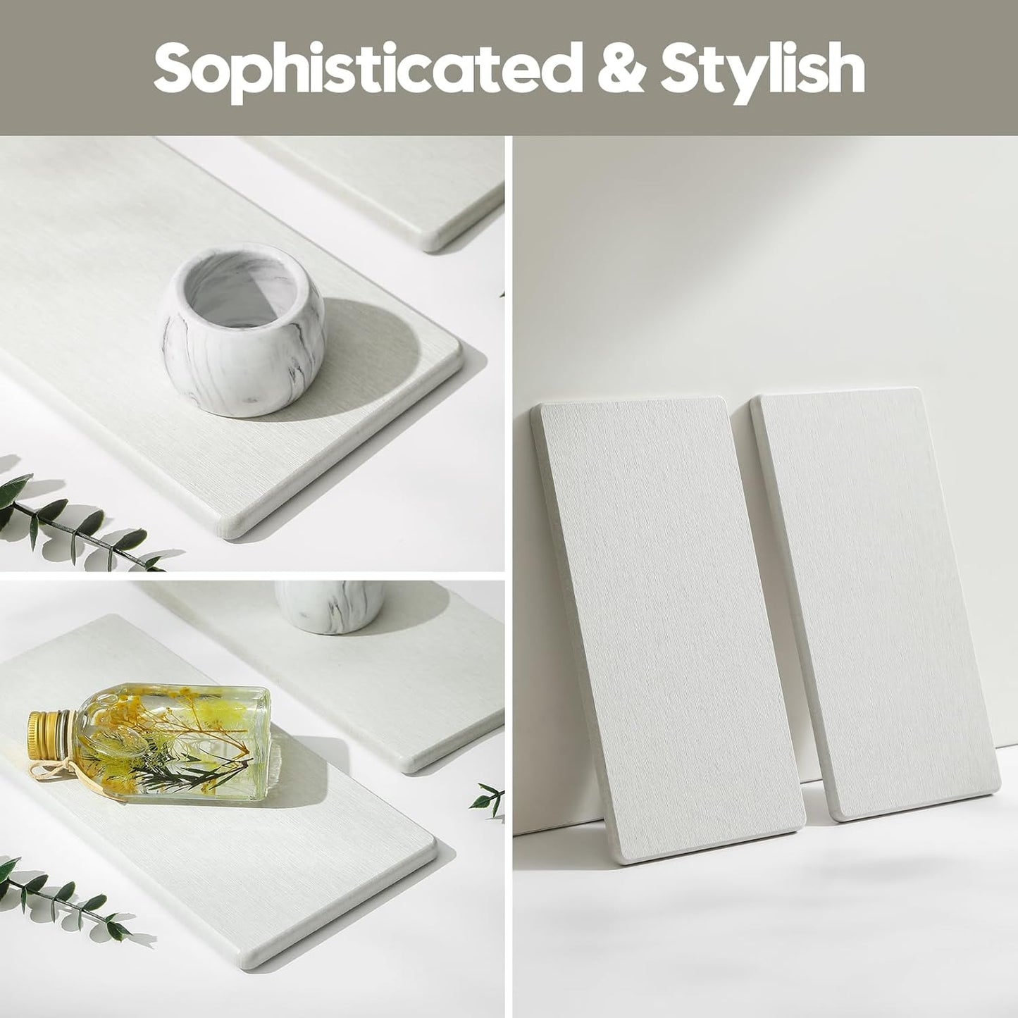 2PCS Water Absorbing Stone Drying Tray for Kitchen Counter & Bathroom Sink, Diatomite Faucet Splash Guard, Soap Dispenser Rack & Sponge Holder Caddy Organizer, Marble White (Printed Pattern), 9"x 3.5"