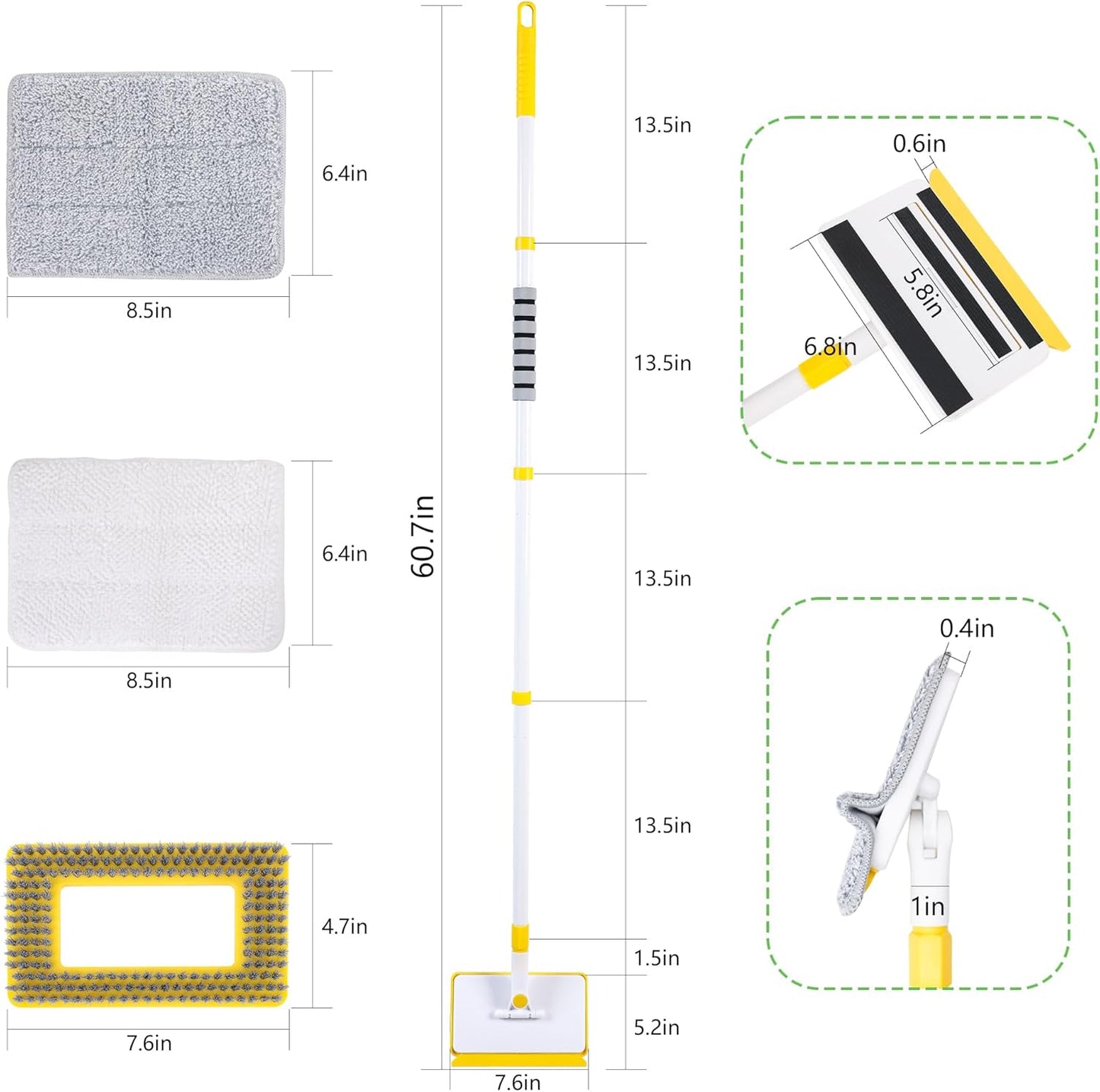 Baseboard Cleaner Tool with Long Handle,Wall Cleaner Mop with Extendable Handle 1 Stiff Bristles mop Head and 4 Reusable Cleaning Pads，Duster for Cleaning Tile Ceiling Window Skirting Board (Blue)