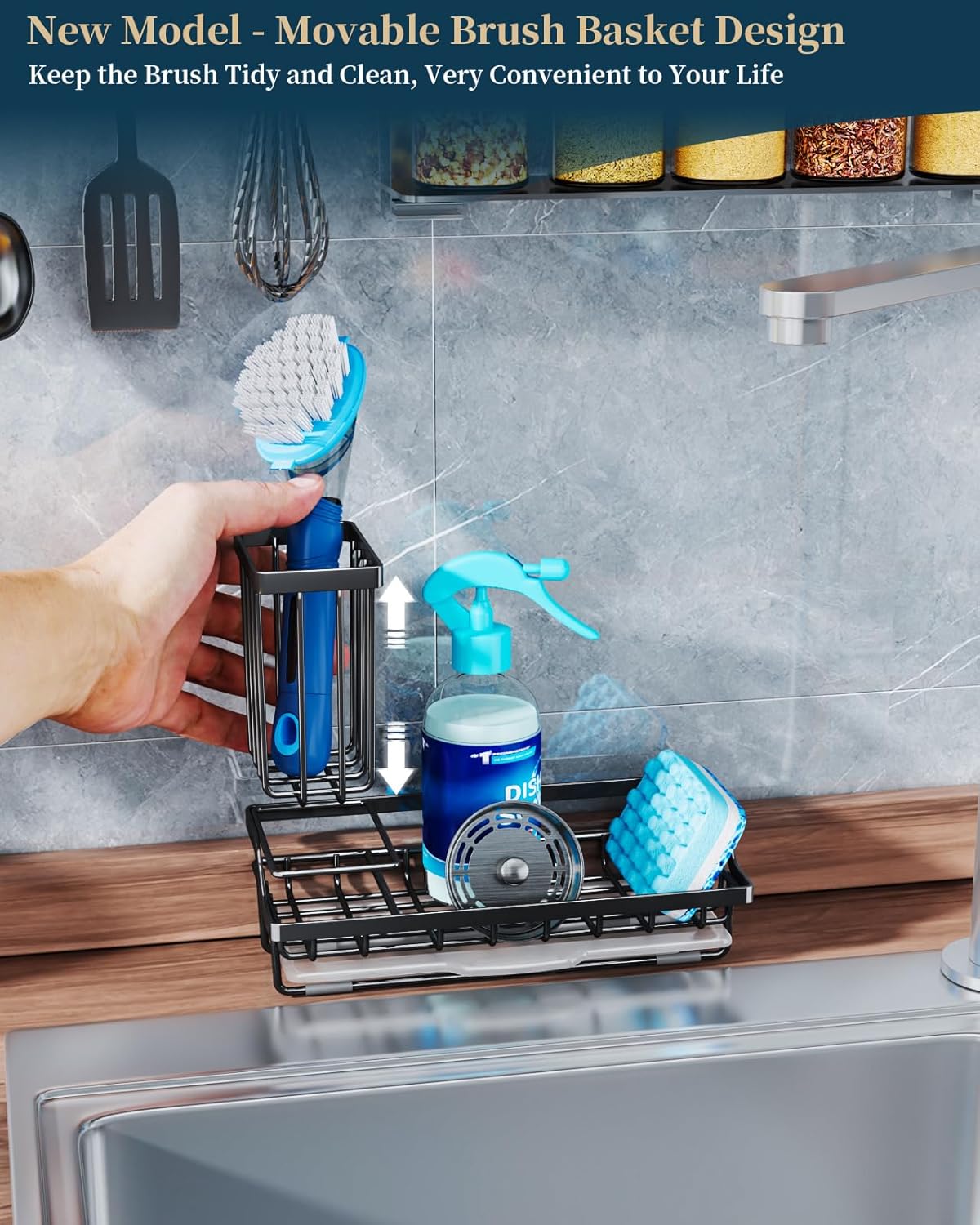 Consumest Sink Caddy, Kitchen Sponge Holder with Dish Brush Holder, Kitchen Organizer with Drip Tray for Countertop, Stainless Steel Rustproof - Silver