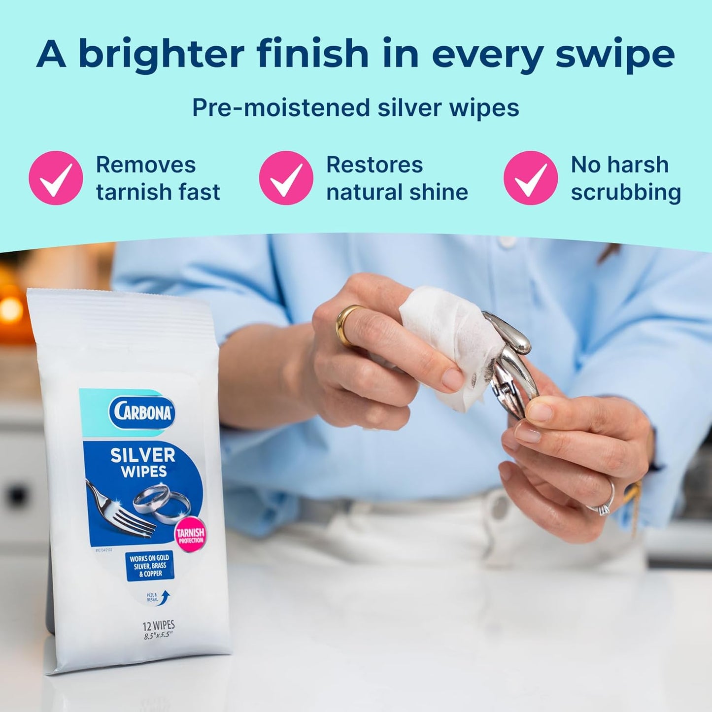 Carbona Silver Wipes | Metal Cleaner & Polish | 12 Wipes, 1 Pack
