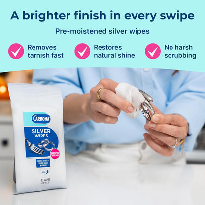 Carbona Silver Wipes | Metal Cleaner & Polish | 12 Wipes, 1 Pack