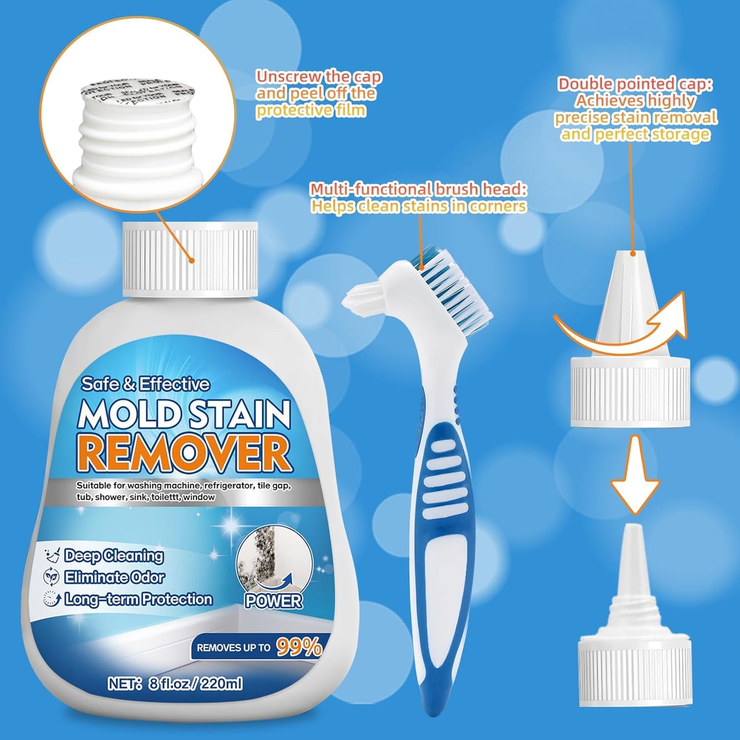 Home Mold Stain Remover Gel for Washer Seal, Thick No Scrub Mold Cleaner for Front Load Washing Machine, Bathroom Tile Grout & Silicone, Deep Cleaning & Odor Removal-Household Stain Cleaner