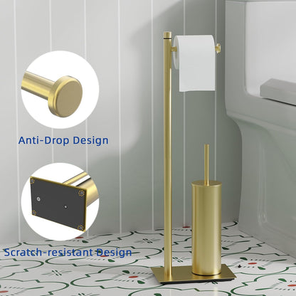 RUACQ Toilet Paper Holder Stand with Toilet Brush and Holder Set, 304 Stainless Steel Bathroom Toilet Tissue Paper Roll Holder Free Standing, Weighted Base, Heavy Duty (Matte Black)