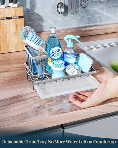 Consumest Sink Caddy, Kitchen Sponge Holder with Dish Brush Holder, Kitchen Organizer with Drip Tray for Countertop, Stainless Steel Rustproof - Silver