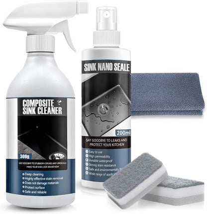 Granite Cleaner and Sealer for Granite Ceramic, Natural Stone Sinks, Restores Shine, Waterproof, All-in-One Cleaning Included 300g Granite Cleaner, 200ml Granite Sealer, 2 Sponges & Microfiber Cloth